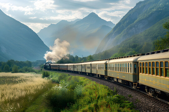 The Orient Express train speeds along the track on a sunny day with mountains in the background, evoking the nostalgia of luxury travel.