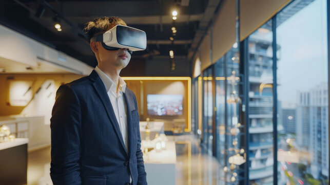 a Chinese entrepreneur using VR technology to showcase real estate properties in a sleek office