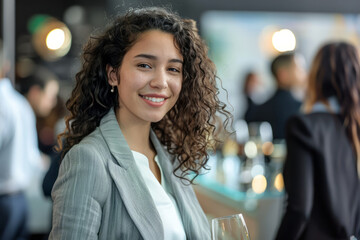 a Latin American businesswoman organizing a networking event for young professionals in a modern venue