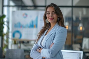 a Latin American businesswoman organizing a seminar on financial literacy for young entrepreneurs in a modern office
