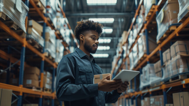 a Latin American entrepreneur using AI to streamline logistics in a modern warehouse office