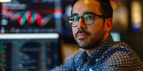 a Latin entrepreneur developing a cryptocurrency exchange platform in a high-tech office