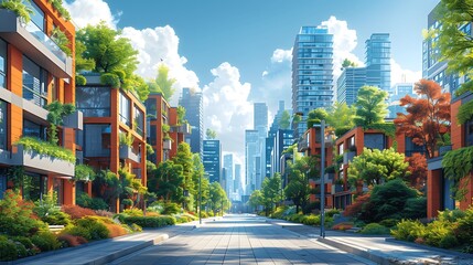 Green urban oasis: Sustainable city streetscape illustration.