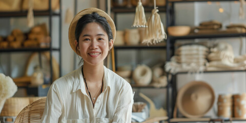 a Southeast Asian entrepreneur launching a social enterprise focusing on artisan crafts in a modern co-working space