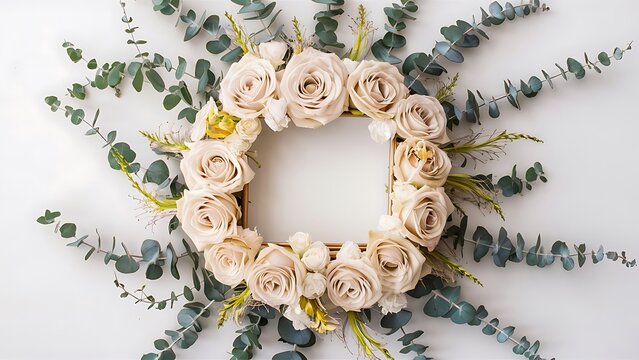 Border frame made of beige rose flowers eringium flower eucalyptus branches on white background flat lay top view floral background