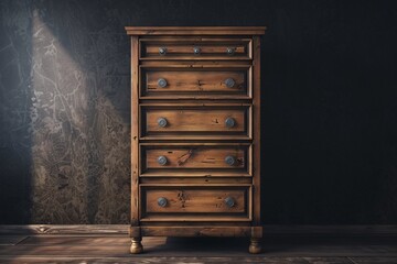a wooden dresser with silver knobs