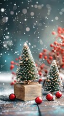Obraz premium Background for Christmas and New Year greeting cards with small Christmas tree and gifts. New Year background, marketing campaign, artificial intelligence generated. , 4k HD wallpapers, backgrounds, g