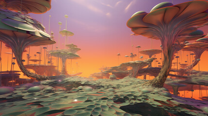 Surrealistic Abstract Image Pattern Background, Floating Architectural Structures Surreal Vegetation, Wallpaper, Background, Cell Phone Cover and Screen, Smartphone, Computer, Laptop, 16:9 Format - PN