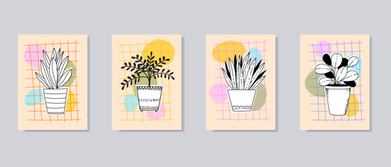 Plants, flowers on pots, vases hand drawing outline hand drawn vector poster wall art illustration set.