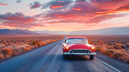 Obraz premium the car journey, integrating the elements of the desert setting at sunset