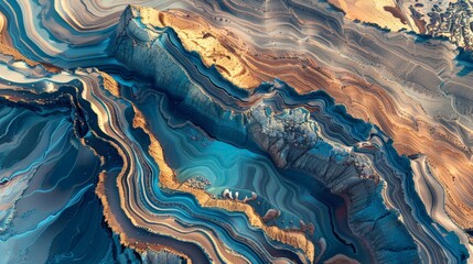 Abstract aerial view of colorful, wavy rock formations, resembling intricate marble patterns in a natural landscape.