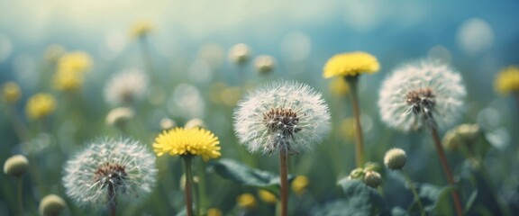 Light summer spring pastel nature background with lots of dandelions in a pastel blue meadow with soft selective focus.
