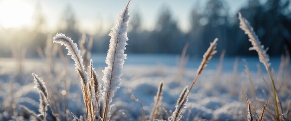 Beautiful Christmas winter image of nature Grass stem in the morning light in snowdrift are covered with crystals frost hoarfrost outdoors, macro Background winter snowy texture, copy space. - Powered by Adobe