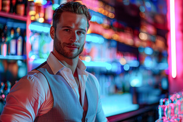 Fototapeta premium portrait of a confident male bartender in a vibrant nightclub setting, attentively holding a cocktail shaker.
