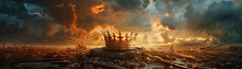 A golden crown resting on a cracked ancient stone pedestal surrounded by scattered broken weapons and pieces of armor with a stormy sky in the background