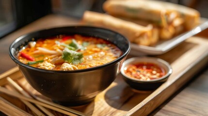 A bowl of spicy Tom Yum Goong soup served with a side of Thai-style spring rolls and a sweet chili dipping sauce, on a wooden tray with chopsticks at a casual eatery.