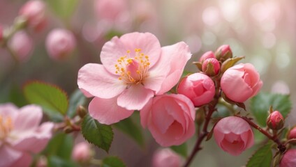 Obraz premium Light pink natural floral background image based on beautiful rose hip blossoms with soft focus.