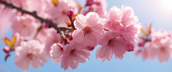 Natural spring floral colorful background in rays of sun Beautiful branch blossoming cherry soft focus, blue sky in sunny day, macro Gentle pink flower sakura in nature, copy space.
