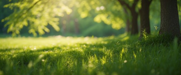 Beautiful natural spring summer widescreen background fram Green young juicyyoung grass and leaning tree twigs backlit by soft sunlight.
