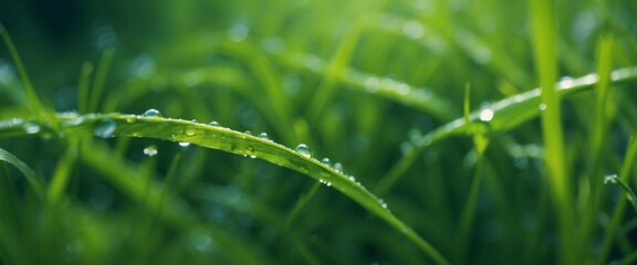 Beautiful droplets of water dew in the grass in the morning, macro Grass in morning dew in the spring summer on a green background in nature.