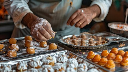 A chef preparing traditional Indian sweets like barfi, peda, and ladoo in a kitchen, molding the sweet confections into intricate shapes and garnishing them with nuts and edible silver foil.