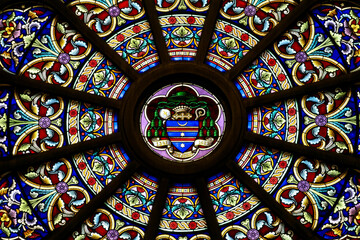 Stained glass window of the blazon of Saint Francis of Sales. Vitrail du blason de Saint Fran&ccedil;ois de Sales.