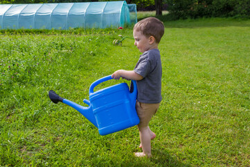 The boy watering vegetable garden from a watering can near a greenhouse