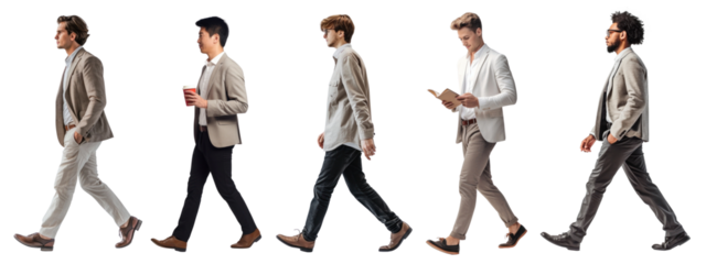 Diverse men walking full body set