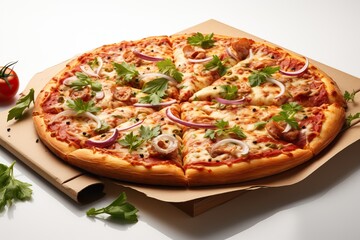 A whole pizza in a cardboard box on a white background.