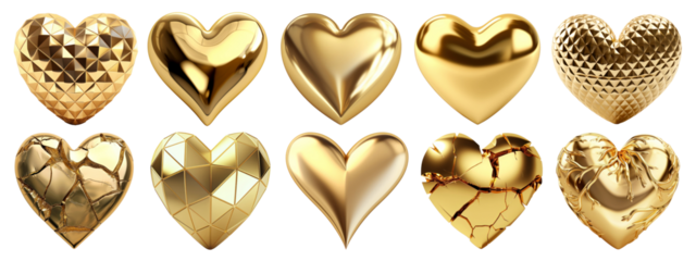 3D gold hearts png on transparent background