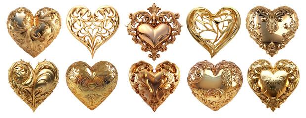3D gold hearts png on transparent background