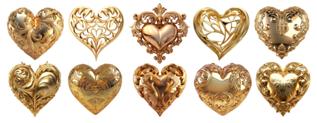 3D gold hearts png on transparent background