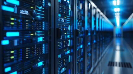 A computer server room with many blue computer servers