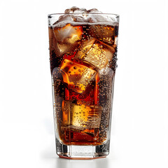 Glass of Coke with bubbles and Ice Cubes isolated on white background