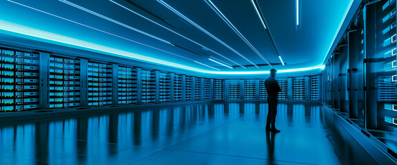 Working Data Center Full of Rack Servers and Supercomputers, Interior server room, Network hardware. Internet hardware. Room with racks for network equipment