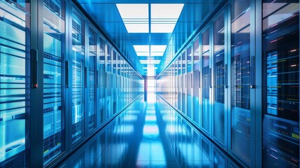 Fototapeta premium A long hallway with many computer servers