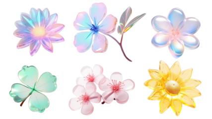 3D transparent holographic glass of flowers png on transparent background