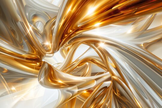 A stunning 3D render of abstract golden shapes intertwined in a complex composition, featuring reflective surfaces and intricate details that exude luxury and elegance