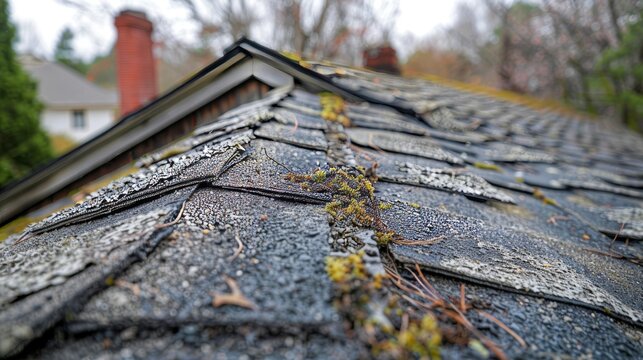 Intense close-up of shingle roof inspection, highlighting hail damage and maintenance issues, suitable for home inspection and insurance purposes