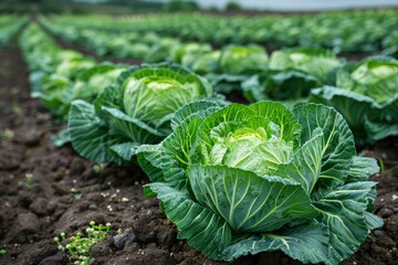 An impressive image featuring rows of award-winning organic cabbages in a well-maintained agricultural field, emphasizing the dedication and quality of eco-friendly farming practices