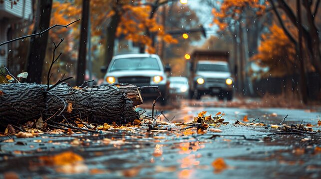 Hurricane destruction, tree fallen on the street with cars and a truck in the background, illustrating severe weather consequences
