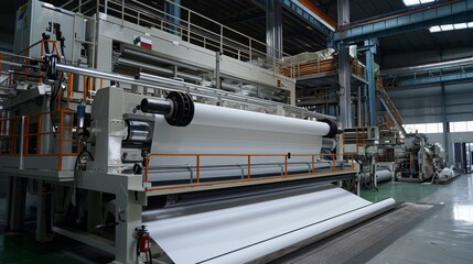 A factory with a conveyor belt of paper