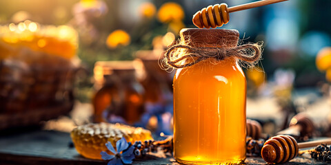 A rustic wooden table with organic honey on a jar, flowers and honeycomb. Harvest scene with gourmet honey with beekeeping elements.