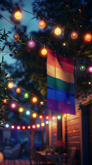 Pridefully Illuminated: Vibrant Festival Lights Merge with Realistic Pride Flag, Symbolizing Celebration and Visibility on Adobe Stock for Event and Festival Ads