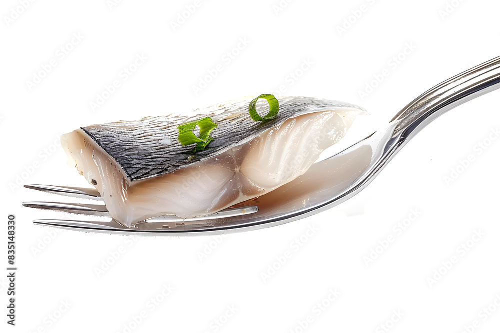 Wall mural pieces of salted herring on fork isolated on white background