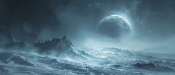 A large planet is floating in the sky above a rocky, icy landscape