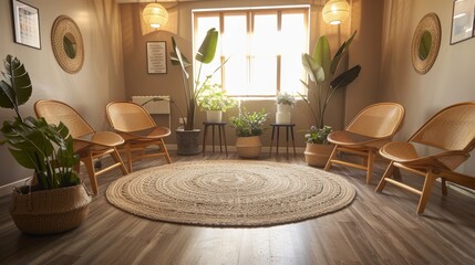 Group therapy space with a circle of chairs, psychologist's office with a tranquil and professional ambiance for group sessions