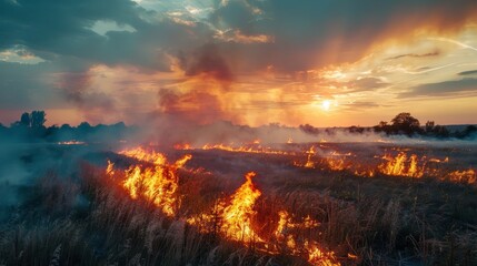 Grass burning in a vast meadow, trees ablaze, smoke spreading, capturing the chaos and destruction of an ecological catastrophe