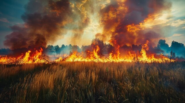 Grass burning in a vast meadow, trees ablaze, smoke spreading, capturing the chaos and destruction of an ecological catastrophe