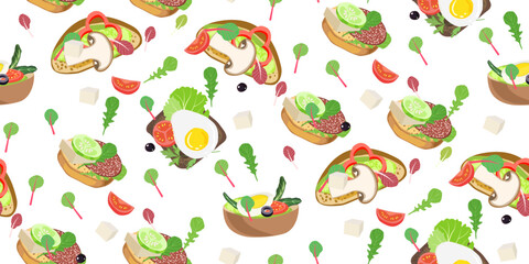 Sandwiches with bread, egg, mushroom, greens, bell pepper, tomato, sliced vegetables. Appetizer food on white seamless pattern. Snacks. Fast food. Cooking lunch, dinner, breakfast. Vector illustration